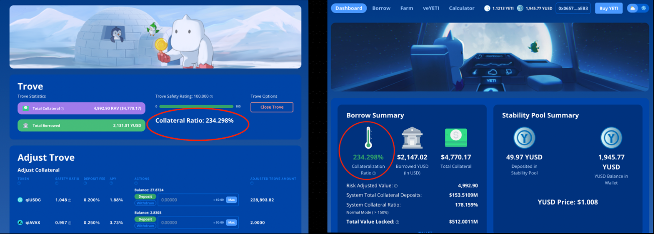 Check collateral on Yeti Finance dashboard