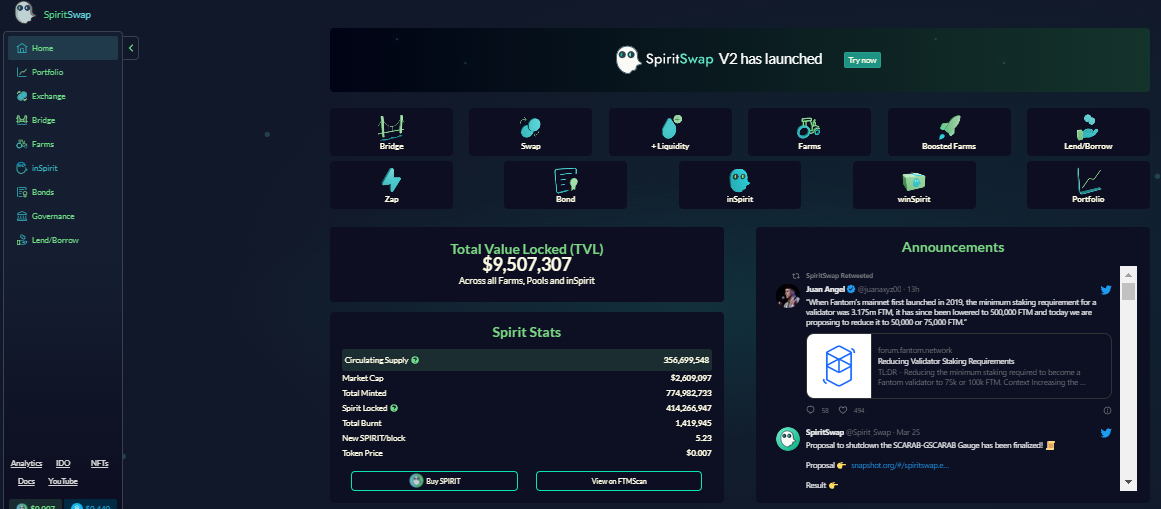 Spiritswap interface and features